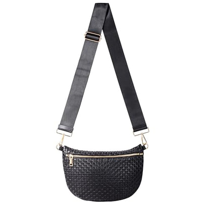 Woven Crossbody Bag for Women, Checkered PU Bum Bag Sling Purse with Adjustable Strap for Travel, Festivals - color: Black