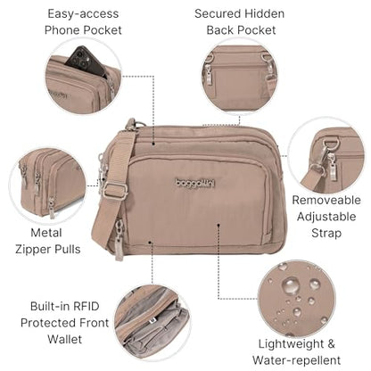 Baggallini Triple Zip with Front Wallet/Trifecta RFID Wallet Crossbody - color: Moonrock