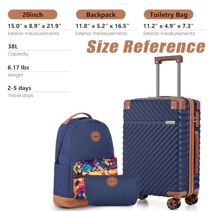 Cosbarn Carry On Luggage 22x14x9 Airline Approved,3 Piece Luggage Set - color: DarkBlue, size: 3 Piece Sets (20/BP/TB)