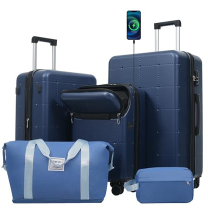 Merax Luggage Sets 5 Piece,Hardside Carry On Suitcase Set with USB Port - color: Blue(20 top-open), style: 3-piece Set(20/24/28)