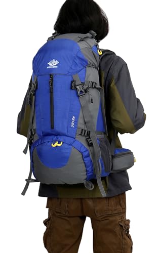 WoneNice 50L(45+5) Waterproof Hiking Backpack Outdoor Daypack w/Rain Cover - color: Sapphire Blue