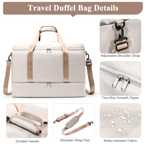Travel Duffle Bag with Shoe Compartment, Overnight Weekender Bags for Women - color: Beige & Brown