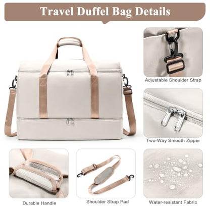 Travel Duffle Bag with Shoe Compartment, Overnight Weekender Bags for Women - color: Beige & Brown