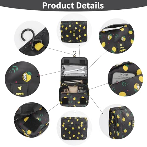 Hanging Toiletry Bag Travel Waterproof Makeup Organizer for Women Men - color: Black Lemon