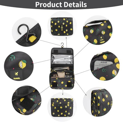 Hanging Toiletry Bag Travel Waterproof Makeup Organizer for Women Men - color: Black Lemon
