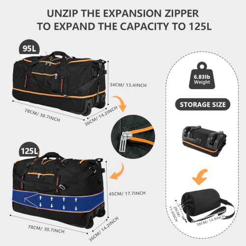 31” 95L Expandable to 125L Foldable Wheeled Duffle Bag, Black Orange - color: Black Orange