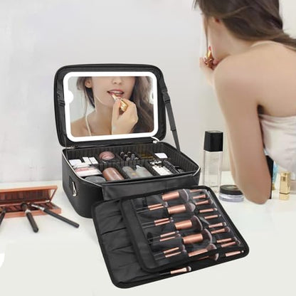 Chomeiu Large Makeup Bag with LED Mirror, Make Up Case with Shoulder Strap - color: 01-Black 2, size: Large