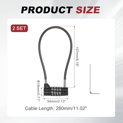 PATIKIL Combination Cable Lock 11" Black 2pcs 4 Digit Long Shackle Padlock - color: Black, size: 11 Inch