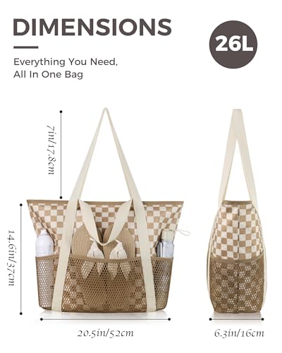 HOMESPON Beach Bag Large Waterproof Sandproof Tote for Women with Zipper and Mesh Pockets - color: Khaki Grid, size: Medium