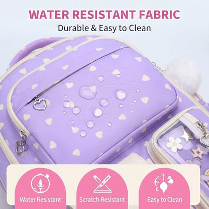 Girls Backpack Set 3PCS Ages 6-12, Kids School Backpack - color: Purple Heart