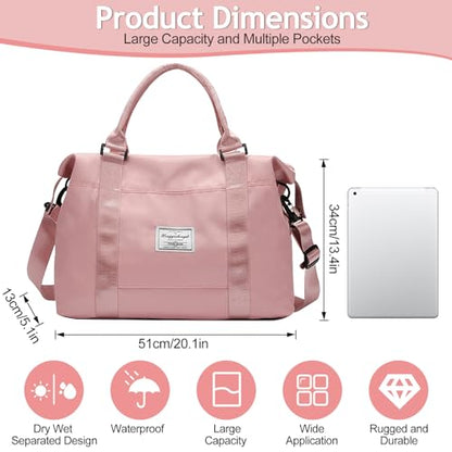 Travel Duffel Bag, Sports Shoulder Weekender Overnight Waterproof Tote Bag for Sports Travel Gym(Pink,51x34x13cm) - color: Pink,51x34x13cm