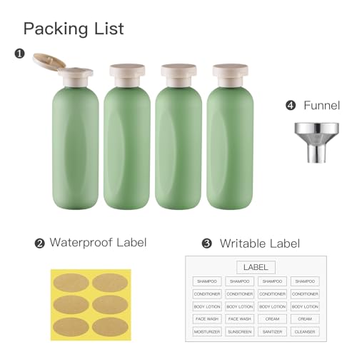 Empty Shampoo Bottles 6.7oz, Green Flip Cap Refillable Plastic, 4 Pack Set - color: Green