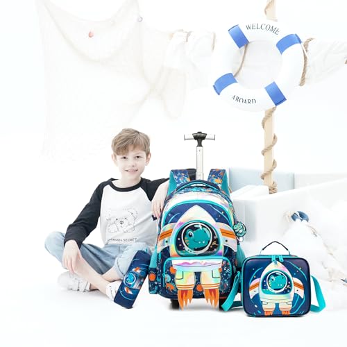 Meetbelify Kids Rolling Backpack with Wheels for Boys Elementary Students Kids Travel Luggage Carry on School Backpack for Boys Ages 6-8 - color: 02 Blue
