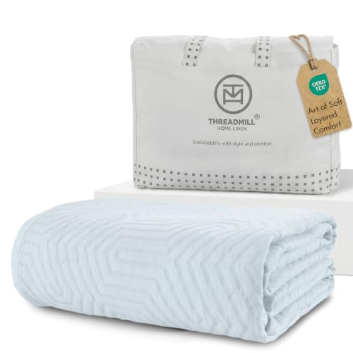 Threadmill Luxury Cotton Blankets for King Size Bed | All-Season Cozy 100% Cotton King Size Blanket | Aster Jacquard Soft & Lightweight Coverlet | Light Blue - color: Aster Light Blue, size: King / Cal King
