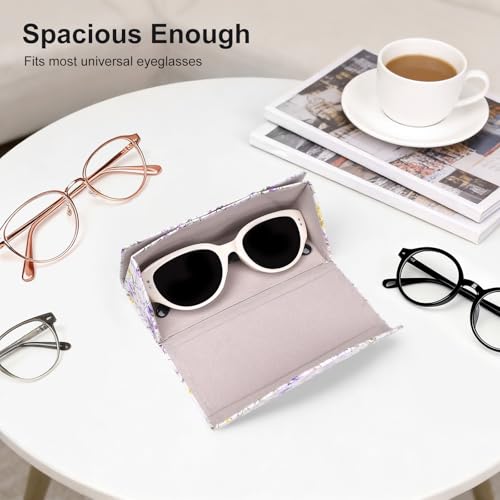 Sunglasses Case, Foldable Glasses Case, Magnetic PU Leather Hard Shell Folding Eyeglass Holder Box - color: Purple Flowers