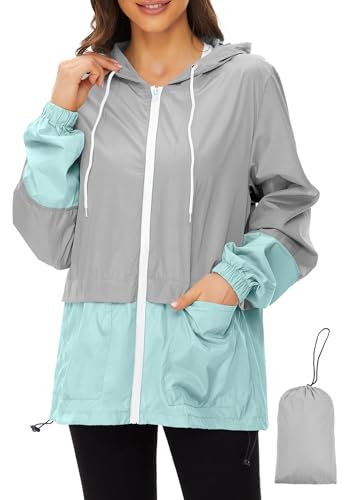 Zando Lightweight Rain Jacket Women Packable Waterproof Raincoat with Hood - color: Gray-blue, size: Medium