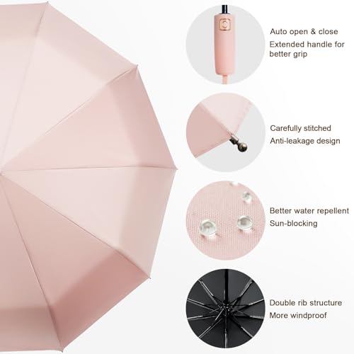 Fogkey 2-Pack Windproof, Waterproof, UV-Blocking Portable Travel Umbrella, Compact Sun & Rain Folding Umbrella, Double Rib Structure, Large Auto Open and Close Car Umbrella - color: PINK+CYAN