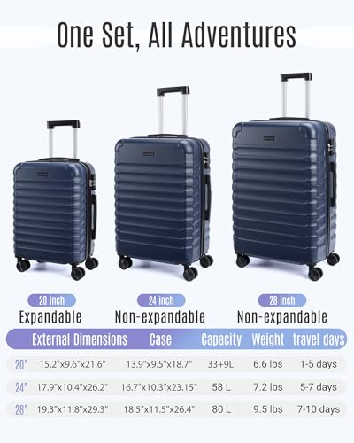 LIGHT FLIGHT 수하물 세트, 스피너 휠이 있는 3피스 슈트케이스 세트, 다크 블루, 스피너 휠이 있는 하드사이드 3피스 수하물 세트 - color: 다크 블루, size: 3-Piece Set-20 Inch/24 Inch/28 Inch