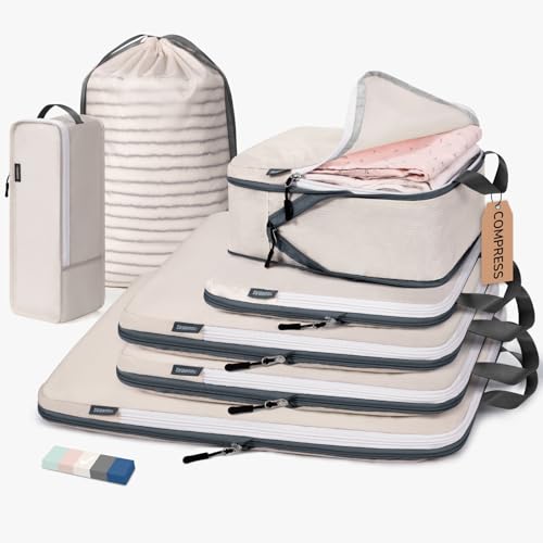 CherryNow 7 Set Packing Cubes for Travel Women, Suitcase Organizer, Beige - color: Beige