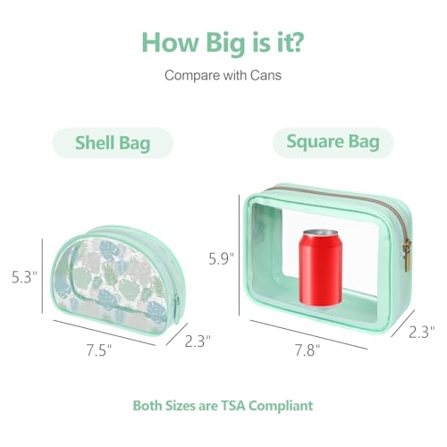 PACKISM Clear Makeup Bag Foldable - TSA Approved Toiletry Bag for Travel - color: 2 Pack Green Turtle Leaves Print, size: Hybrid Traveler (1 Large & 1 Medium - Soft)