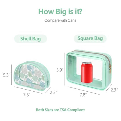 PACKISM Clear Makeup Bag Foldable - TSA Approved Toiletry Bag for Travel - color: 2 Pack Green Turtle Leaves Print, size: Hybrid Traveler (1 Large & 1 Medium - Soft)