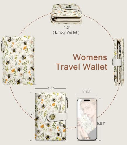 Bees Wallet Women RFID Bifold, Passport Holder, Credit Card Holder - color: Bees Flowers