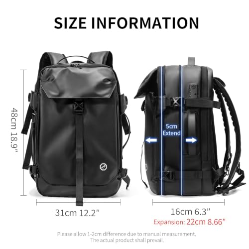 Expandable Motorcycle Helmet Backpack with Vacuum Compression Bag, 60L Carry-On Travel Backpack, Helmet Holder, TSA Lock, 17" Laptop Compartment, Black - style: Backpack + Vacuum Compression Bag