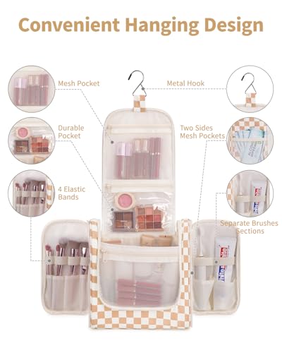 Narwey Large Hanging Travel Toiletry Bag for Women, Makeup Cosmetic Bag - color: C-Light Checkerboard-1, size: Large