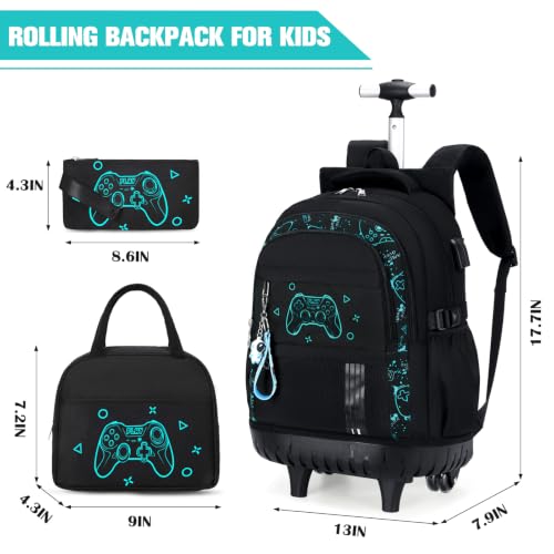 ACESAK 3PCS Rolling Backpack for Boys Children, Boys Backpack with Wheels - color: Black Game