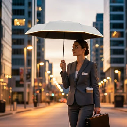 GAOYAING Compact Travel Umbrella with Reflective Safety Strips (300ft Visibility) - Ultra Portable 6.9" Folded Windproof Rain & Sun Umbrella UPF 50+ for Men Women - color: Beige