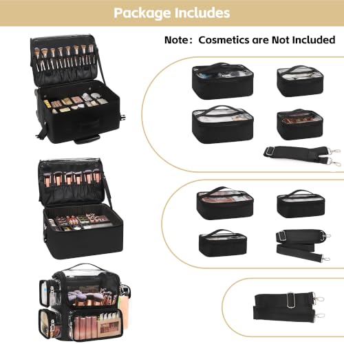 TANTO Rolling Makeup Train Case, Makeup Bag with 7 Pouches & Brush Holder - color: 04-Black（2 in 1） +Brush Bag