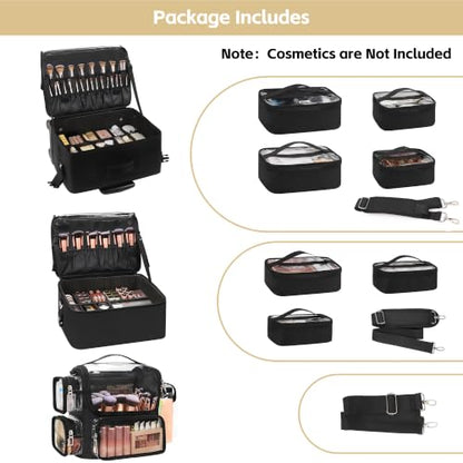 TANTO Rolling Makeup Train Case, Makeup Bag with 7 Pouches & Brush Holder - color: 04-Black（2 in 1） +Brush Bag