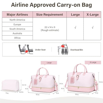 Leather Weekender Bags for Women, Travel Duffel Bag PU Overnight Bag Carry On Tote Bag with Shoe Compartment Wet Pocket - color: Pink, size: Large