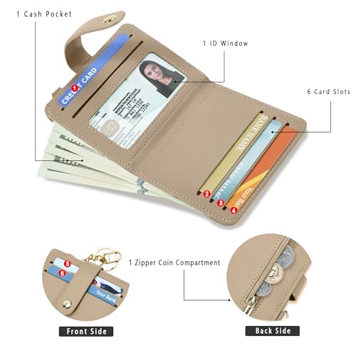 Airkit Small Wallet Women RFID, PU Leather Card Holder with Keychain - color: Khaki