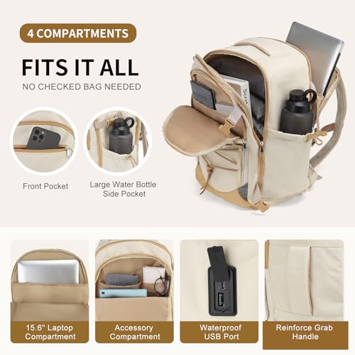 Travel Backpack for 16 Inch Laptop Flight Approved Carry On Beige - color: Beige