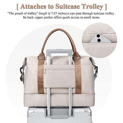 Travel Duffel Bag with Shoes Compartment,Weekender Bags for Women Travel - color: Beige & Brown, size: Large