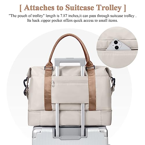 Travel Duffel Bag with Shoes Compartment, Weekender Bags for Women - color: A-Beige & Brown, size: Extra Large