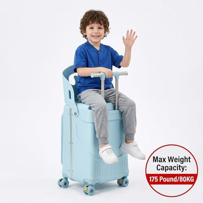 Ride On Luggage for Kids with Foldable Seat & Backrest, 20 Inch Carry On Suitcase for Toddlers, Hardshell Travel Trolley with Front Opening & Spinner Wheels, TSA Lock, Blue - color: Blue