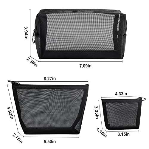 Aosbos 3-Pack Mesh Cosmetic Bag Set - Travel/On-The-Go Makeup Storage, Zipper Closure Small Pouch - color: Black