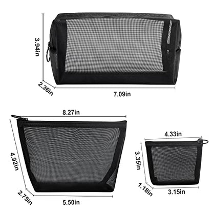 Aosbos 3-Pack Mesh Cosmetic Bag Set - Travel/On-The-Go Makeup Storage, Zipper Closure Small Pouch - color: Black