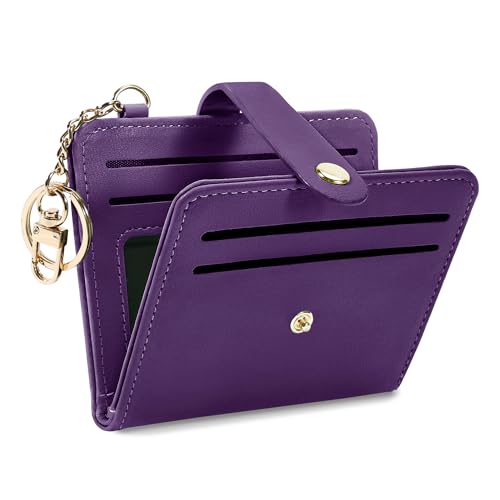 Airkit Small Wallet Women RFID, PU Leather Card Holder with Keychain - color: Purple