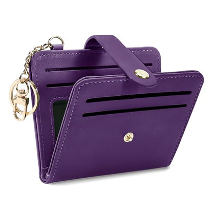 Airkit Small Wallet Women RFID, PU Leather Card Holder with Keychain - color: Purple