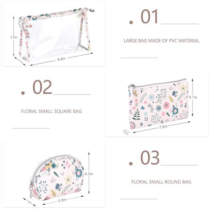 Richeart Makeup Bag, Clear Bag with Zipper, 3PC Floral Flowers Makeup Pouch, Waterproof Small Pouch, Portable Travel Toiletry Bag, C - style: C