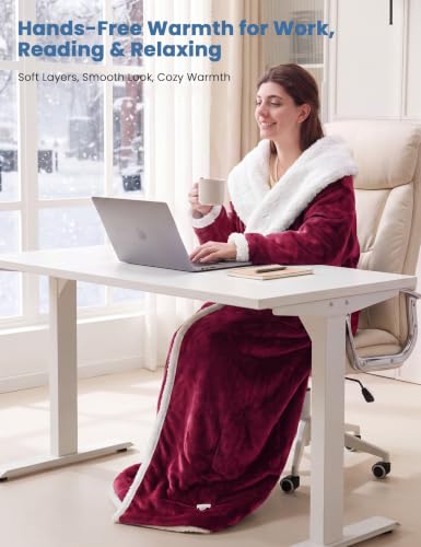 Wearable Heated Blanket with Foot Pocket, Flannel & Sherpa, 50x70+18, Red - color: Red, size: 50x70"