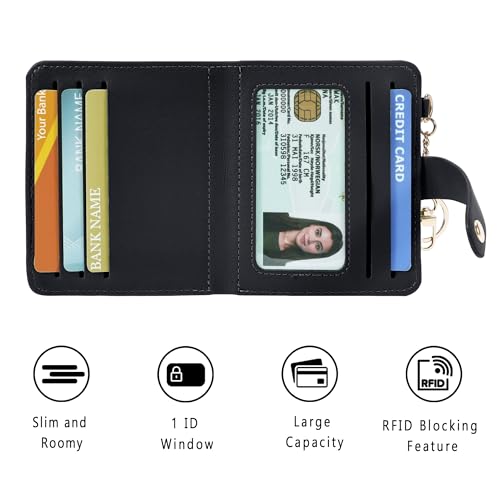 Airkit Small Wallet Women RFID, PU Leather Card Holder with Keychain - color: Black