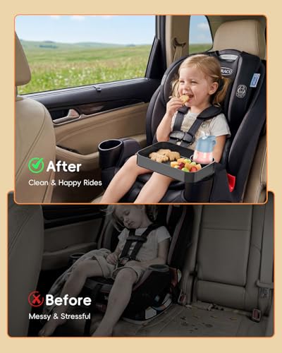 Car Seat Snack Tray for Kids Toddler Travel with Cup Holder & Dip Well