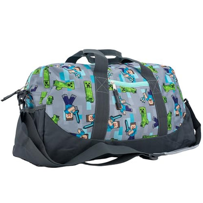 Minecraft Duffle Bag, 16 inch Travel Sleepover Weekender Bag for Girls & Boys, Green/Gray - color: Grey