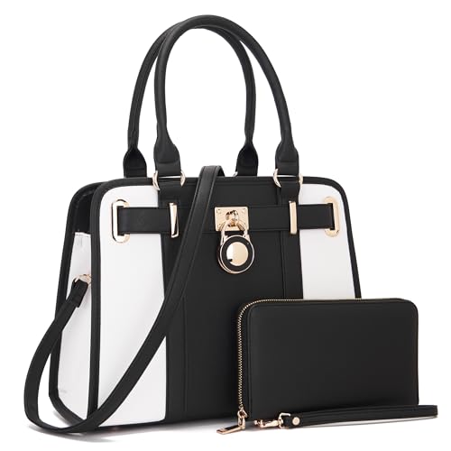 Qiyuer Structured Satchel Tote Handbags Set Women Purses with RFID Wallet - color: A3-2pcs/Set Whiteblack