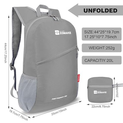 ZOMAKE Lightweight Packable Backpack 20L, Foldable Small Daypack for Hiking - color: Silver Grey