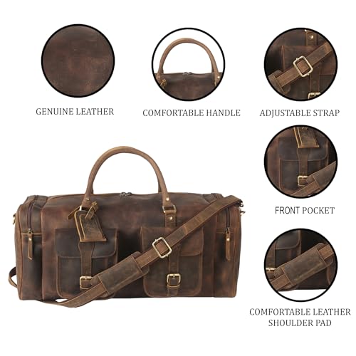 KomalC 24 Inch Leather Travel Duffle Bag, Gym Sports Cabin Holdall - color: Distressed Brown, size: 24 Inches